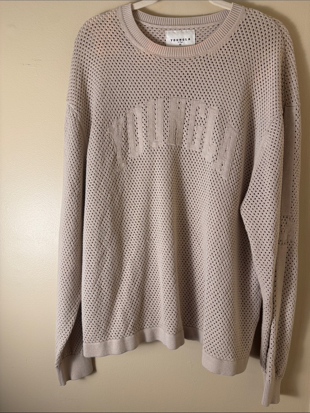 YoungLA Men's Light Beige Mesh Crewneck Sweater